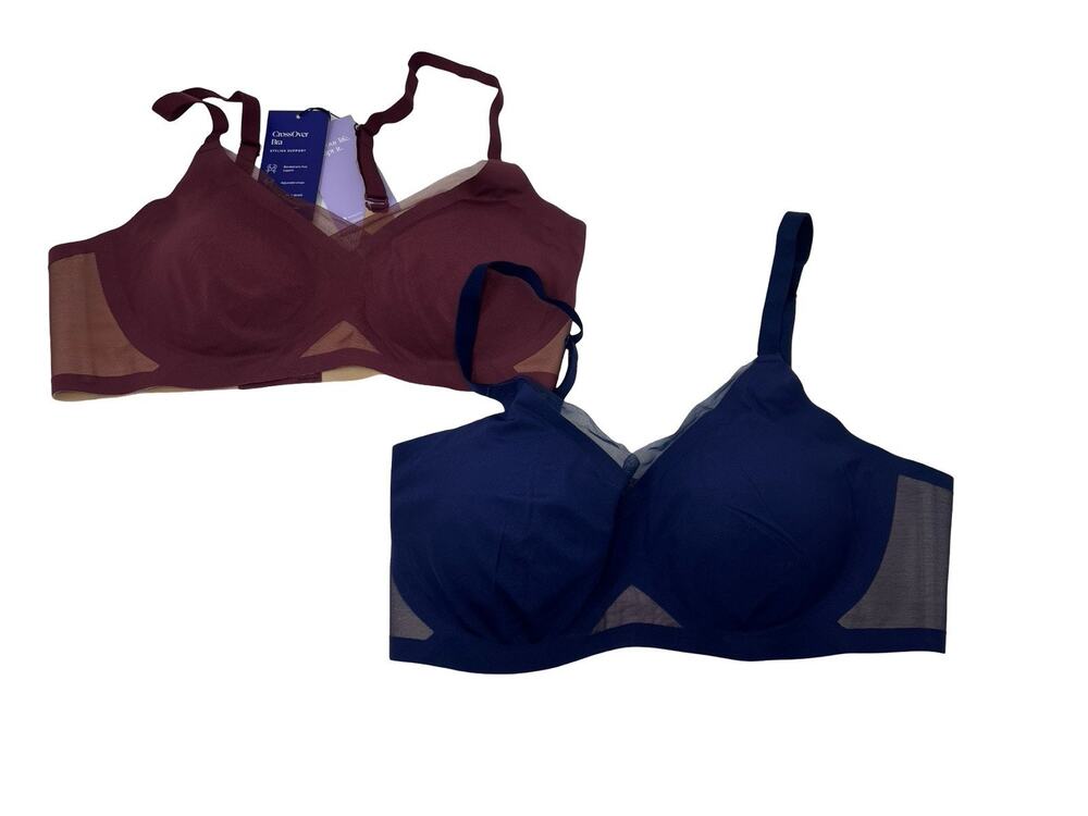 Lot of 2 Honeylove Crossover Bra Blue / Wine Wire Free Size L (1 is NWT)
